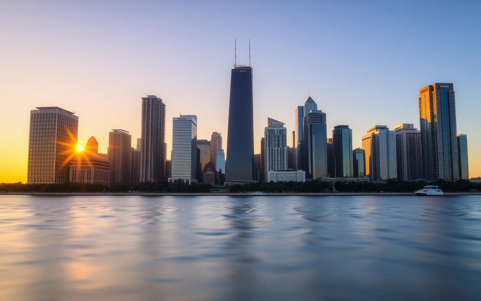 Chicago skyline of condominium high-rises along Lake Michigan at sunset